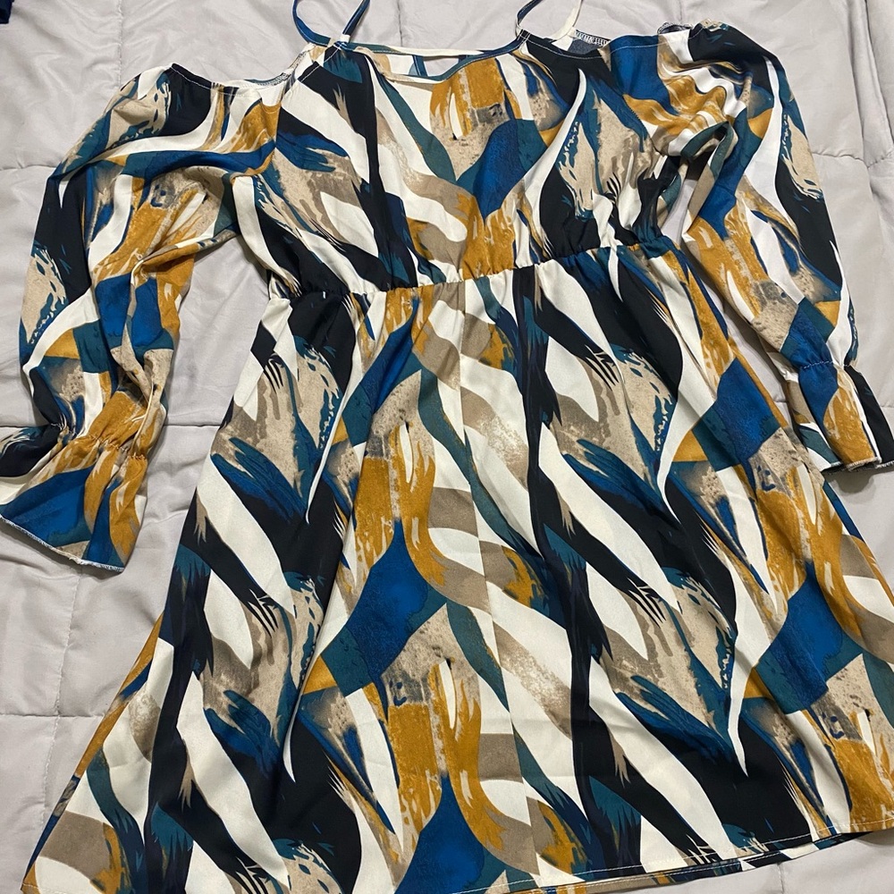 SHEIN One Shoulder Dress in Blue, Gold, and Cream